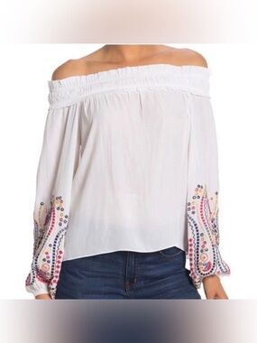 Ramy Brook White Off-Shoulder Embroidered Sleeve Top